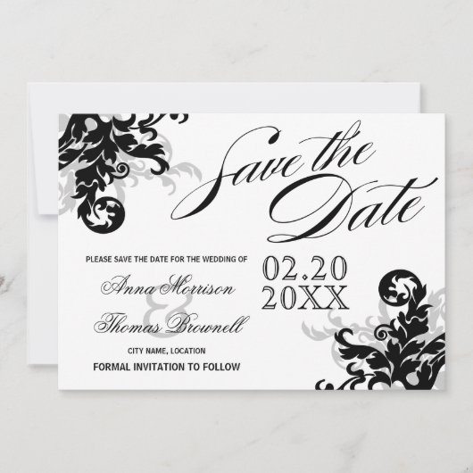 Schwarz und Silber Save the Date Geblüht (Vorderseite)