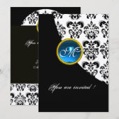 SCHWARZ- UND SILBERDAMASK-MONOGRAMM, blauer Saphir Einladung (Vorne/Hinten)