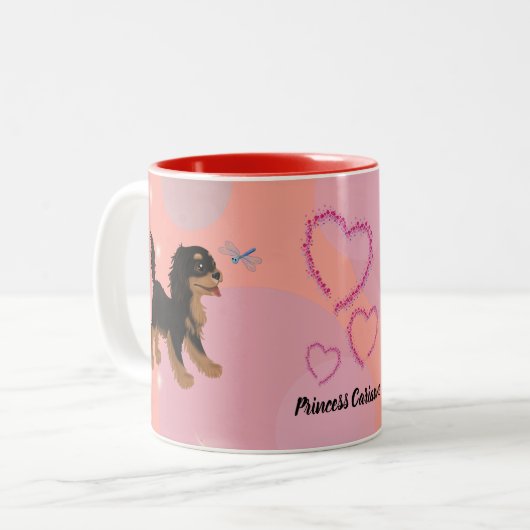 Schwarz und Tan Cavalier Spaniel und Dragonfly Zweifarbige Tasse (Vorderseite Links)
