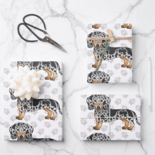 Schwarz und Tan Dapple Kurzhaar-Dachshund-Muster Geschenkpapier Set