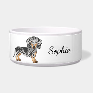Schwarz und Tan Dapple Kurzhaar Dachshund & Name Napf