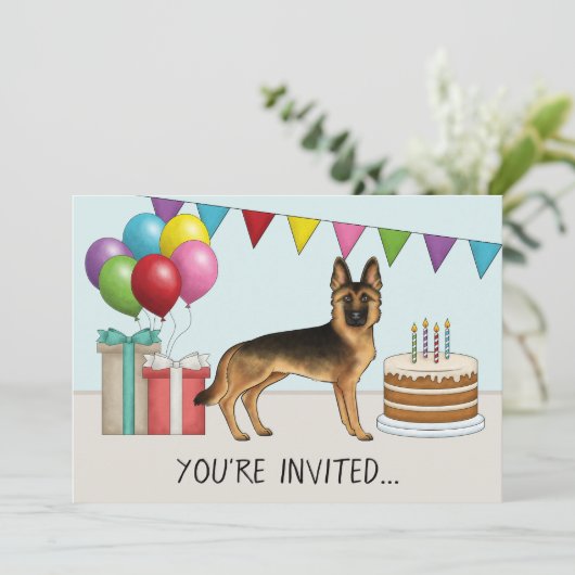 Schwarz und Tan Deutscher Schäferhund farbenfroh G Einladung (Stehend Vorderseite)