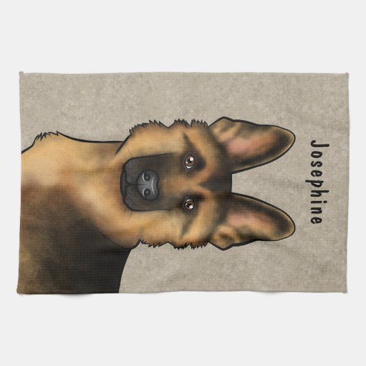 Schwarz und Tan Deutscher Schäferkopf und Name Bei Geschirrtuch (Horizontal)