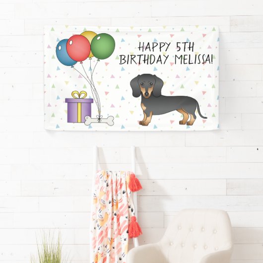 Schwarz und Tan Kurz Hair Dackel Happy Birthday Banner (Insitu)