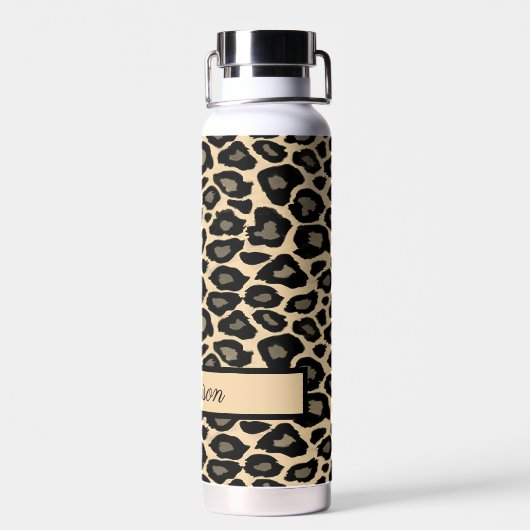 Schwarz und Tan Leopard Print Personalisiert Trinkflasche (Rückseite)