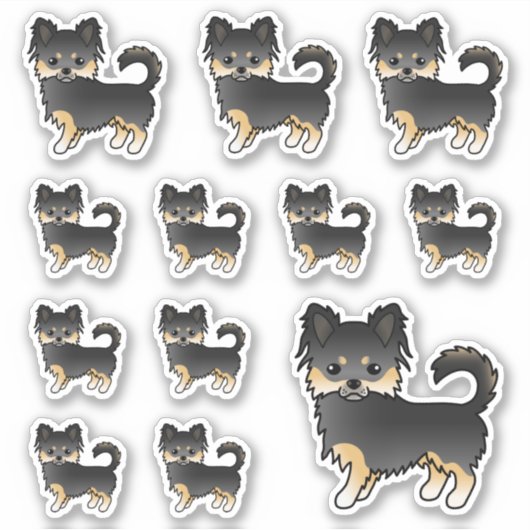 Schwarz und Tan Long Coat Chihuahua Cartoon Hunde Aufkleber (Vorderseite)