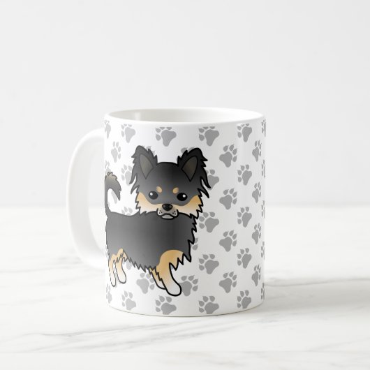 Schwarz und Tan Long Coat Chihuahua Niedliche Hund Kaffeetasse (Vorderseite Links)