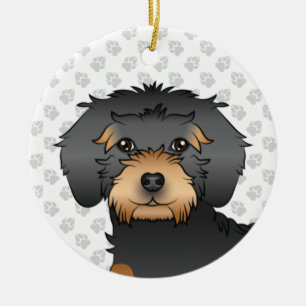 Schwarz und Tan Mini Goldendoodle Cartoon Hundekop Keramik Ornament