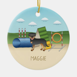 Schwarz und Tan Rottweiler mit Agility Keramik Ornament