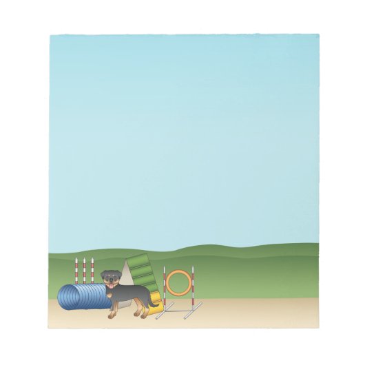 Schwarz und Tan Rottweiler mit Agility Notizblock (Vorderseite)