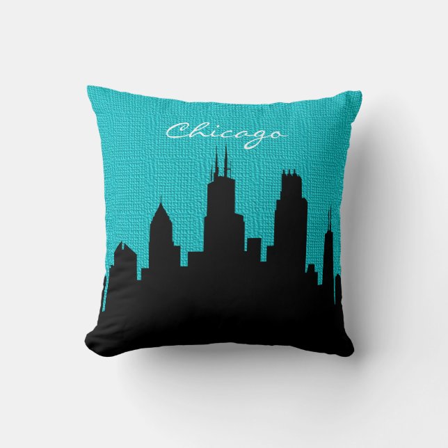 Schwarz und Türkis Burlap Chicago Skyline Print Kissen (Vorderseite)