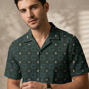 Schwarz und Türkis geometrisches Boho Blumenmandal Stoff
