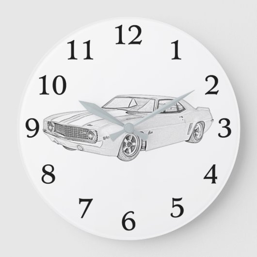 Schwarz und Weiß 1969 Chevy Camaro Rendering Große Wanduhr (Vorderseite)