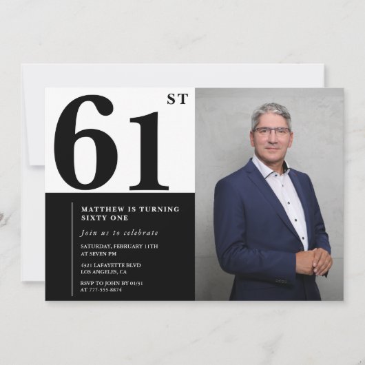 Schwarz und Weiß 61. Geburtstag Einladungen Foto (Vorderseite)