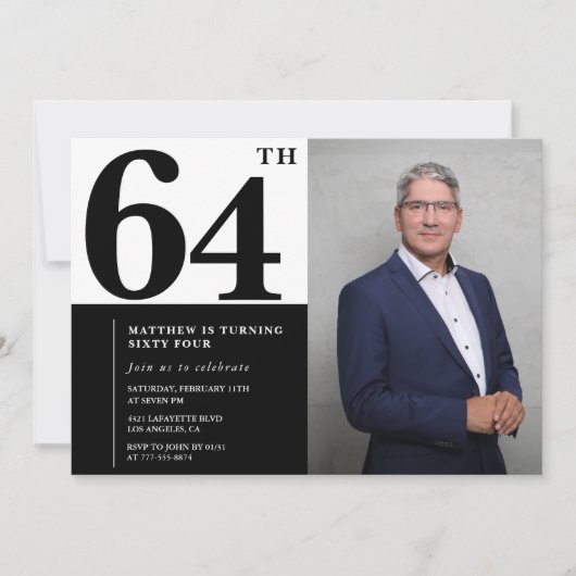 Schwarz und Weiß 64. Geburtstag Einladungen Foto (Vorderseite)