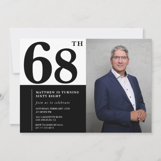 Schwarz und Weiß 68. Geburtstag Einladungen Foto (Vorderseite)