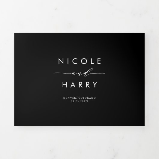 Schwarz und Weiß bei Minimalistischer Script-Hochz Dreifach Gefaltete Einladung (Cover)