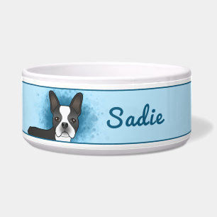Schwarz und Weiß Boston Terrier Dog auf Blau & Nam Napf