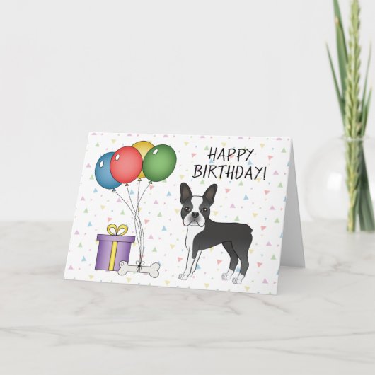 Schwarz und Weiß Boston Terrier Hund Happy Birthda Karte (Vorderseite)