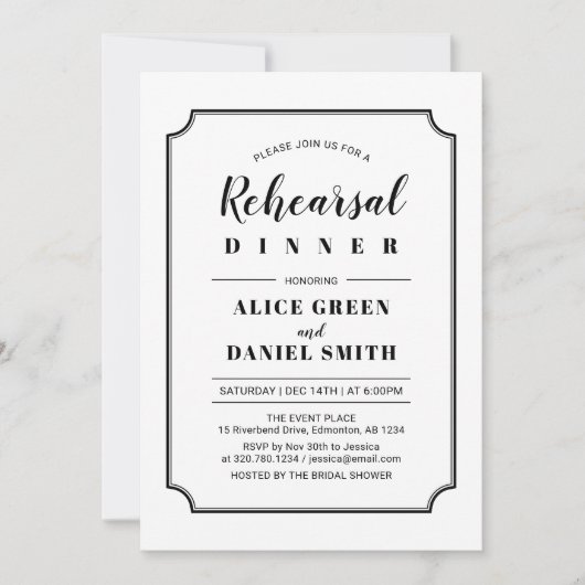 Schwarz und Weiß | Classic Wedding Probe Dinner Einladung (Vorderseite)