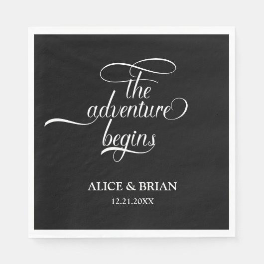 Schwarz und Weiß Das Abenteuer beginnt Hochzeit Serviette (Vorderseite)