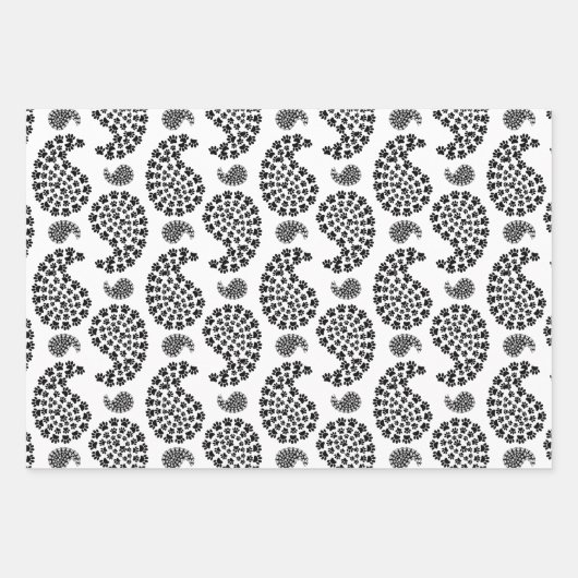 Schwarz und Weiß Dog Paw Print Paisley Geschenkpapier Set (Vorderseite 2)