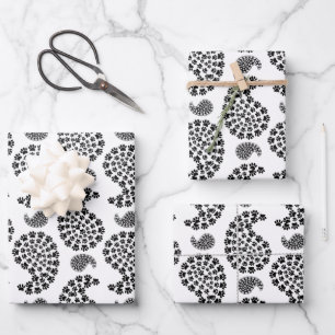 Schwarz und Weiß Dog Paw Print Paisley Geschenkpapier Set