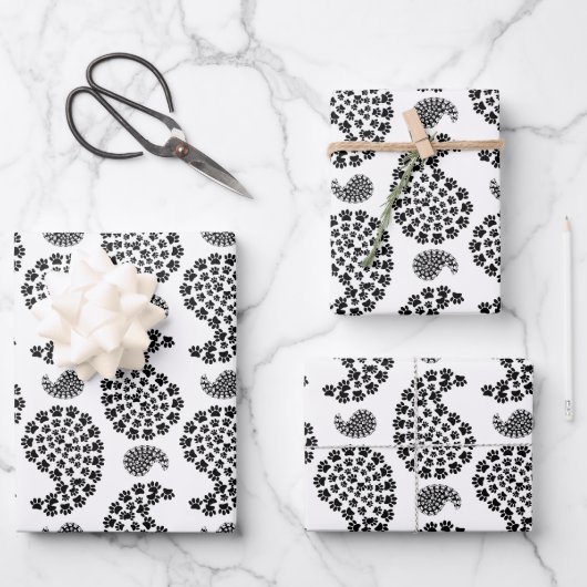 Schwarz und Weiß Dog Paw Print Paisley Geschenkpapier Set (Vorderseite)