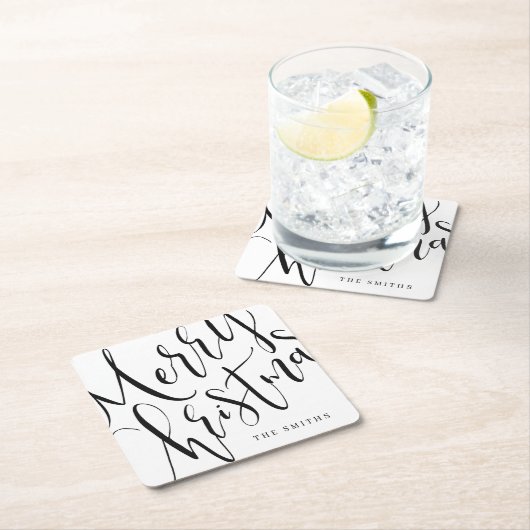 Schwarz und Weiß einfache Kalligraphie frohe Weihn Rechteckiger Pappuntersetzer (Vor Ort)