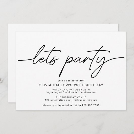 Schwarz und Weiß | Einfache Moderne jeden Alters G Einladung (Vorne/Hinten)