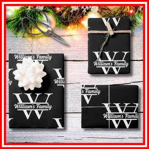 Schwarz und Weiß Einfaches Familiennamens-Monogr Geschenkpapier Set