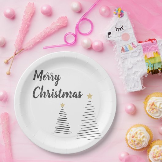 Schwarz und Weiß Elegant Frohe Weihnachtsbaumen Pappteller (Party)