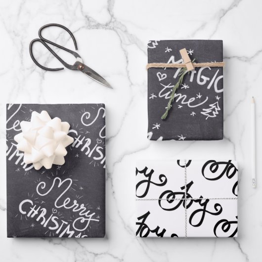 Schwarz und Weiß Elegante Script Frohe Weihnachten Geschenkpapier Set (Vorderseite)