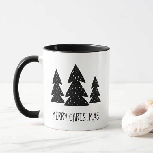 Schwarz und Weiß frohe Weihnachten Whimsical Woodl Tasse (Mit Donut)