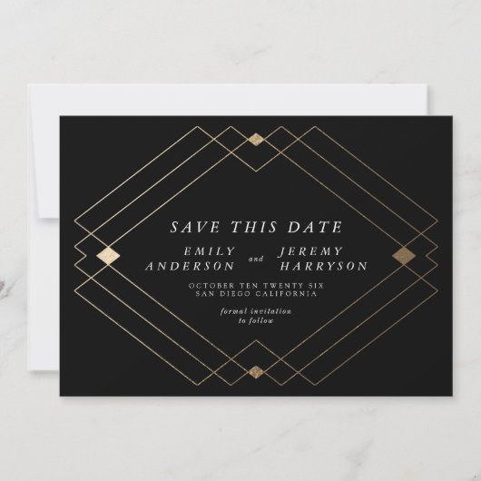 Schwarz und Weiß | Gold Deko Lines Save the Date Ankündigung (Vorderseite)