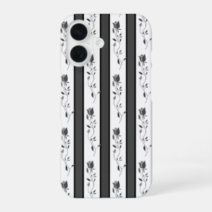 Schwarz und weiß grau vintage gestreift mit Rosen iPhone 16 Hülle