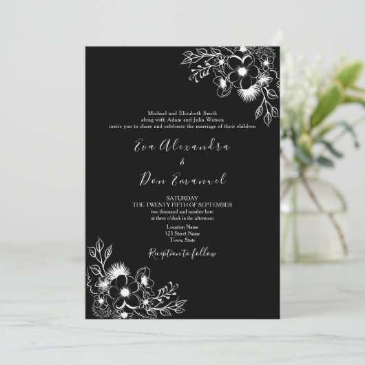 Schwarz und Weiß in einer Hochzeit Einladung (Stehend Vorderseite)