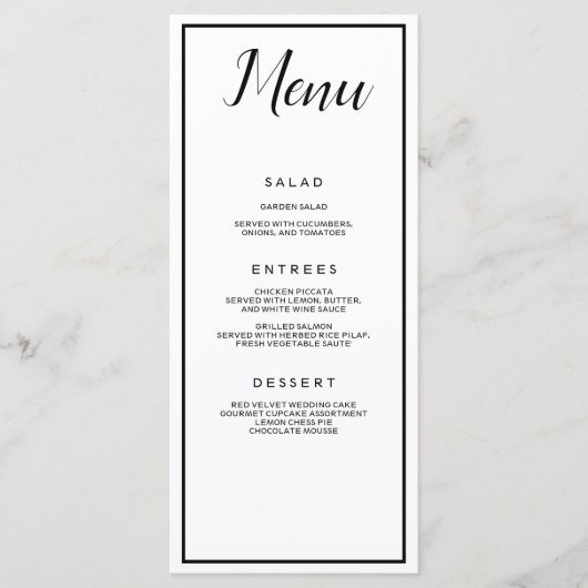 Schwarz und Weiß klassisch Menükarte (Vorderseite)