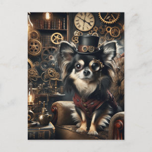Schwarz und Weiß, langhaariger Steampunk Chihuahua Postkarte