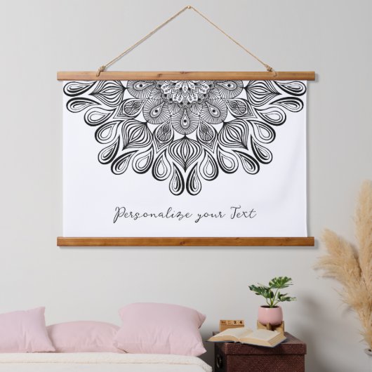 Schwarz und Weiß Mandala Trippy Psychedelic Hippie Wandteppich Mit Holzrahmen (Schlafzimmer)