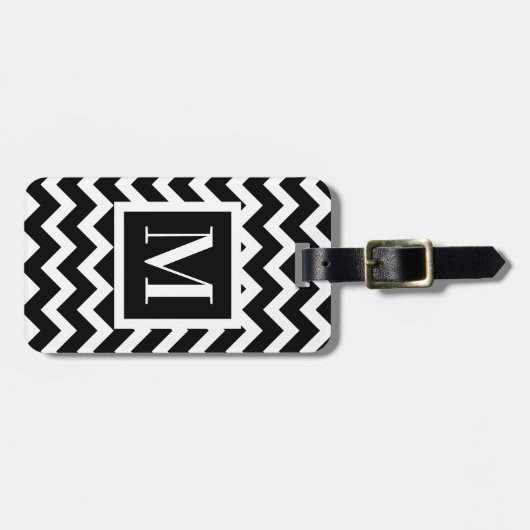 Schwarz und Weiß Moderne elegante Zigzag Monogram Gepäckanhänger (Vorderseite horizontal)