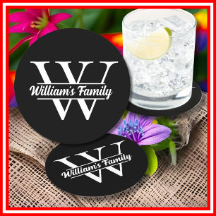 Schwarz und Weiß   Monogramm für einfache Familien Runder Pappuntersetzer
