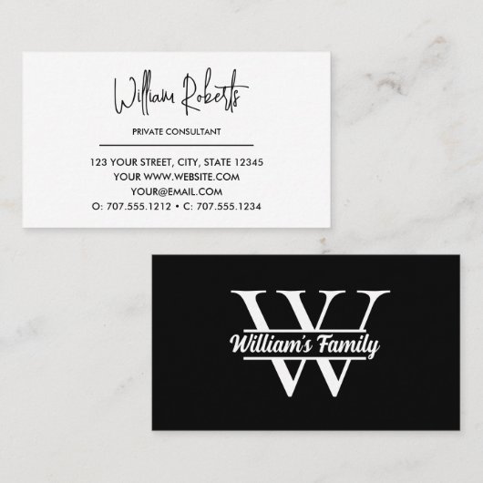 Schwarz und Weiß | Monogramm für einfache Familien Visitenkarte (Vorne/Hinten)