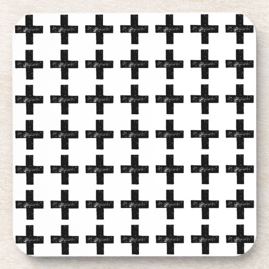 Schwarz und Weiß "Plus" Mathematik Symbol Lino Cut Getränkeuntersetzer (Vorderseite)