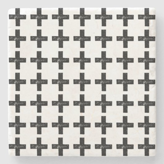 Schwarz und Weiß "Plus" Mathematik Symbol Lino Cut Steinuntersetzer (Vorderseite)