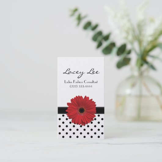 Schwarz und Weiß Polka Dot Red Gerbera Daisy Visitenkarte (Stehend Vorderseite)