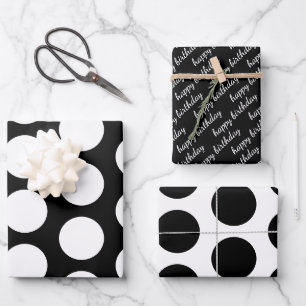 Schwarz und Weiß Polka Dots Happy Birthday Geschenkpapier Set