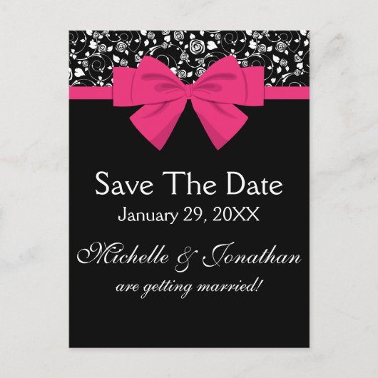 Schwarz und Weiß Rosen Rosa rosa Bow Ankündigungspostkarte (Vorderseite)