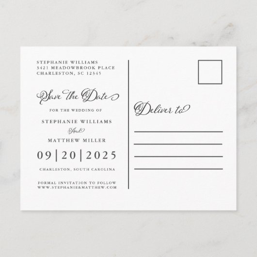 Schwarz und Weiß Save the Date Elegante Hochzeitss Ankündigungspostkarte (Rückseite)