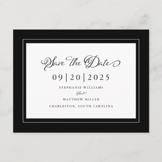 Schwarz und Weiß Save the Date Elegante Hochzeitss Ankündigungspostkarte (Vorderseite)